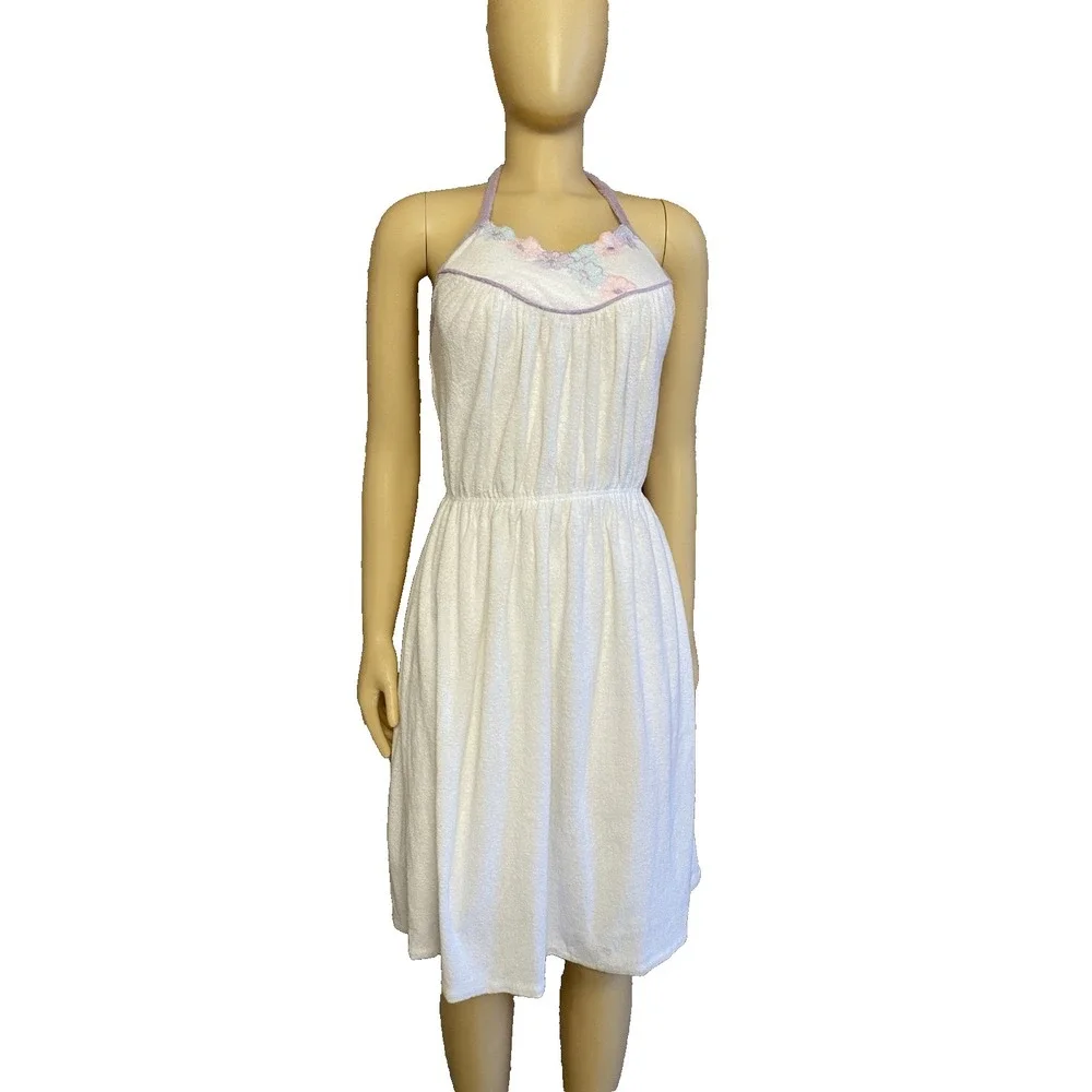 VTG Undercover Wear Embroidered Terrycloth Halter Dress Swim Suit Cover-Up Large